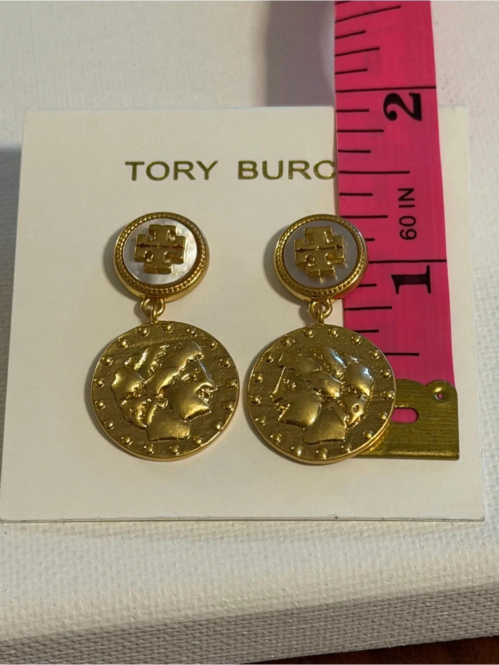 Tory Burch Gold Coin Drop Earrings Mother of Pearl Logo Medallion